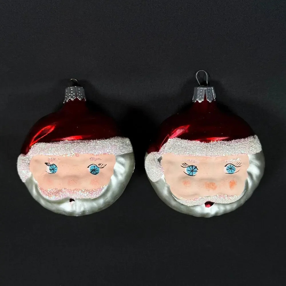 Lot of 2 Vintage Santa Claus Face Head Hand Blown Glass Christmas Tree Ornament